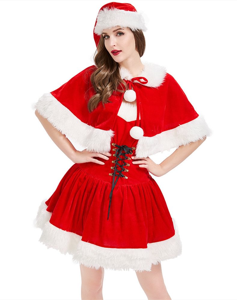 Women Christmas Party Dress Strapless Lace Up Red Fit and Flared Dress and Cape Novameme