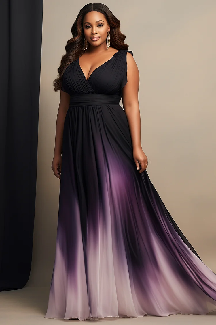 Xpluswear Design Plus Size Formal Purple Gradient Wrap Neck Sundress Maxi Dresses [Pre-Order] 2024 - Xpluswear