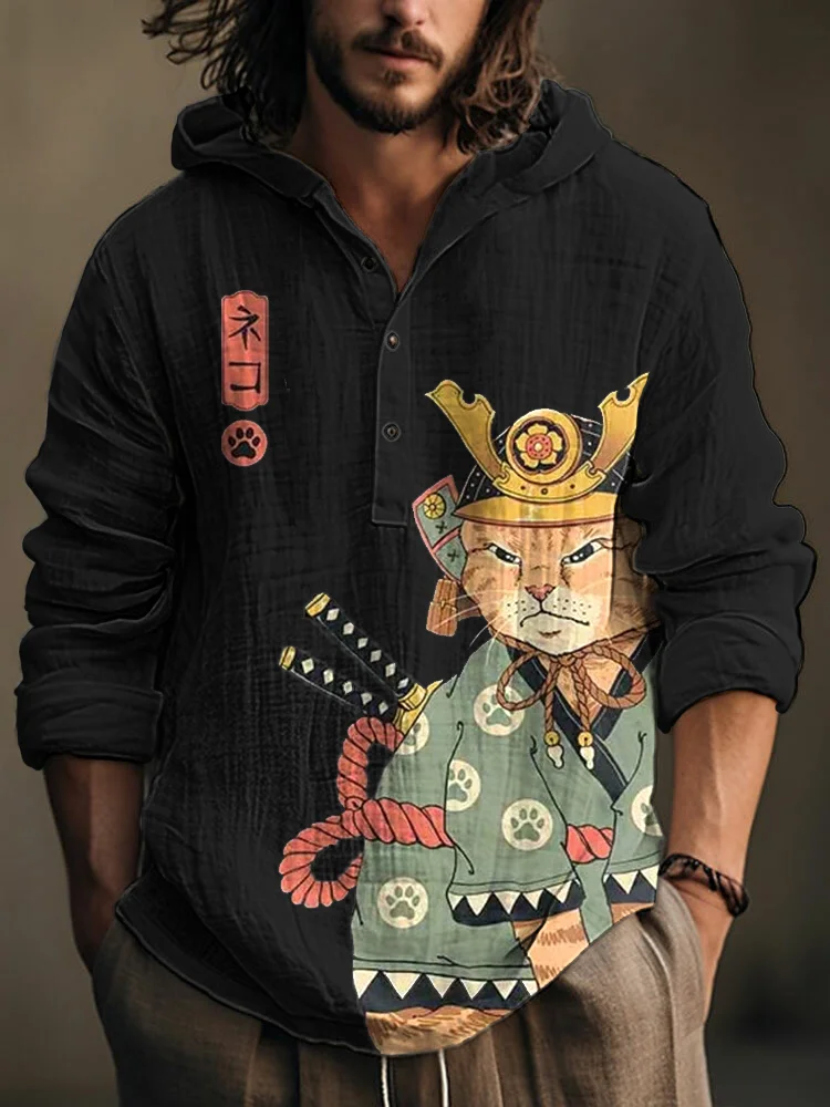 Japanese Art Cat Print Linen Blend Hoodie