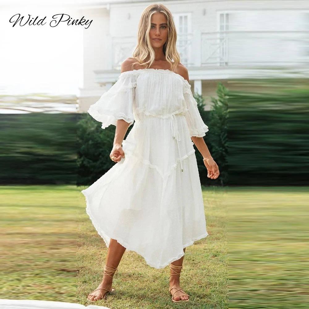 WildPinky Boho Summer White Dress Women Long Elegant Off Shoulder Dresses Flare Sleeve Dot Ladies Dress Holiday Beach Vestidos