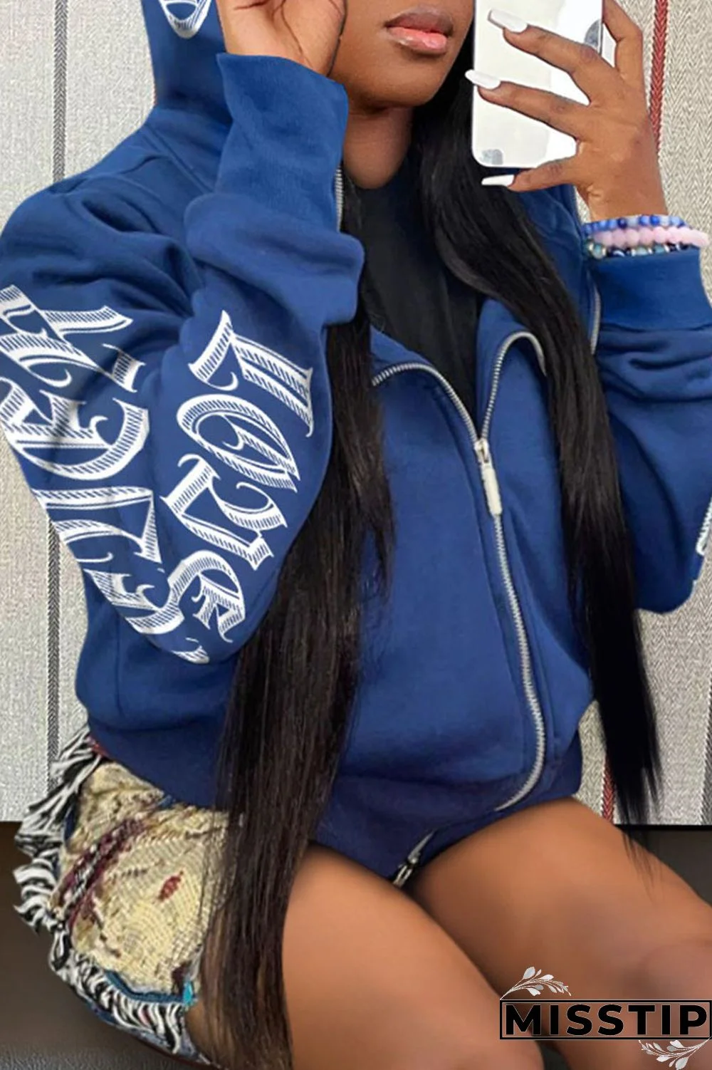 Blue Casual Street Print Patchwork Zipper Hooded Collar Tops