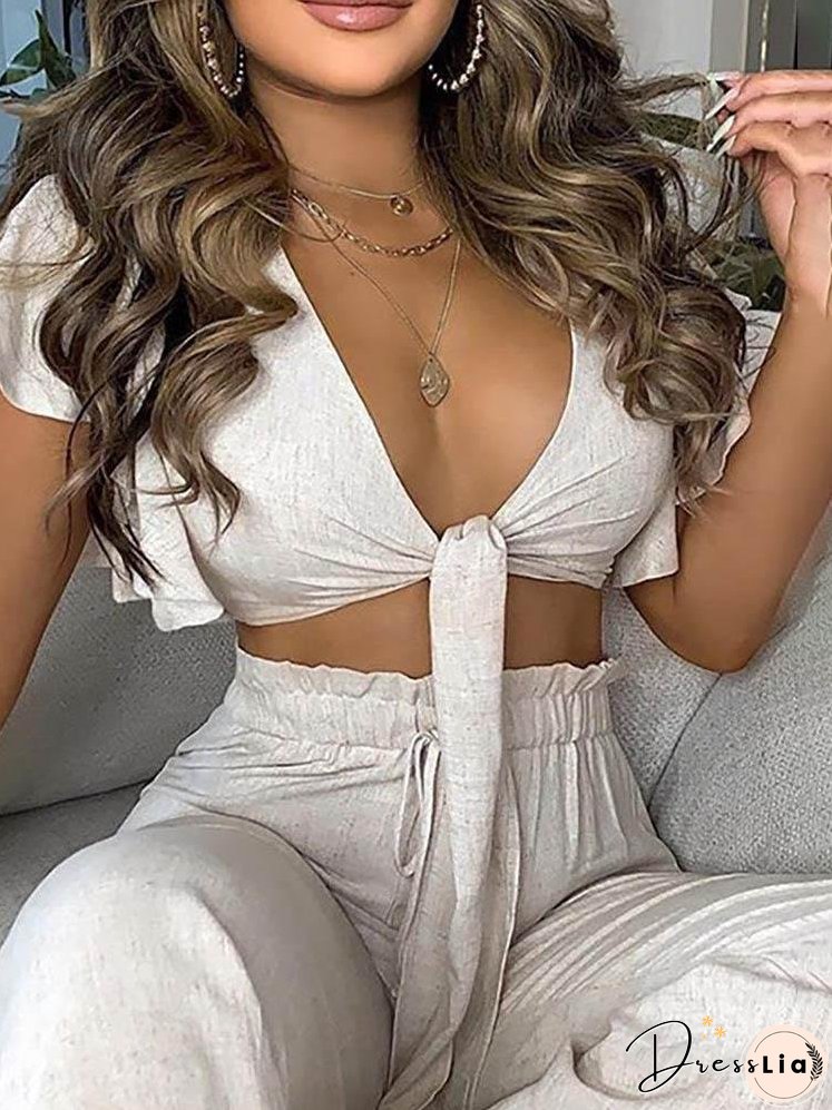 Ruffles Sleeve Knotted Top & High Waist Pants Set for Women