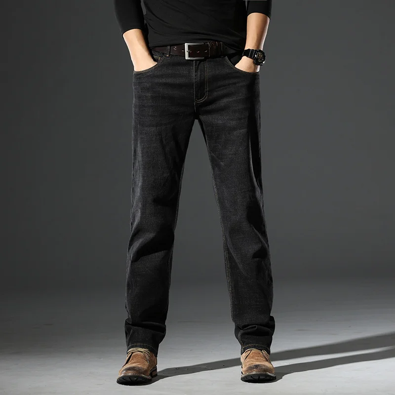 Men's Straight Elastic Mid Waist Jeans Soft cotton Line with fleece Western Style For Work Wear