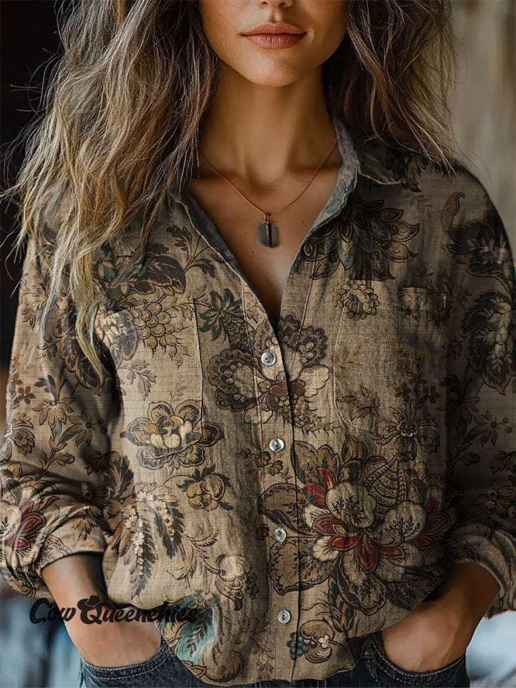 Women’s Retro Old Pattern Printed Shirt Brown / S