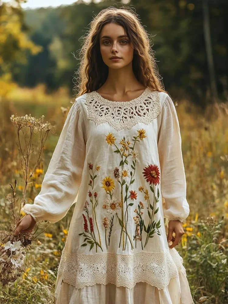 Floral Printed Long Lace Patchwork Dress