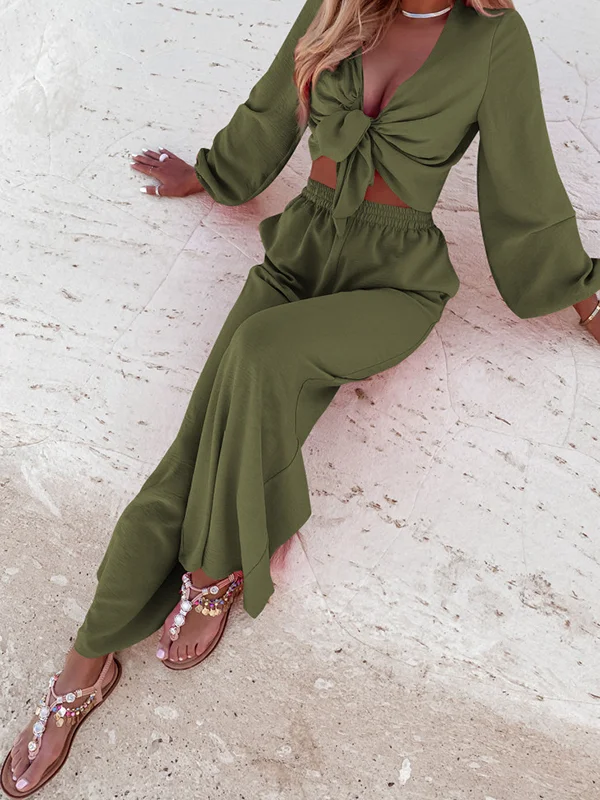 Tie Knot Long Sleeve Top& Wide Leg Pants Two Piece Set
