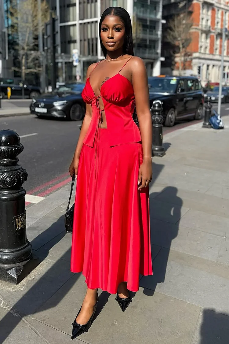 Front Tie Up Cami Solid Color Midi Skirt Matching Set-Red