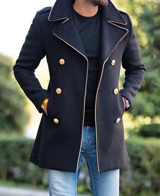 Notch Lapel Contrast Binding Double Breasted Pockets Coat 