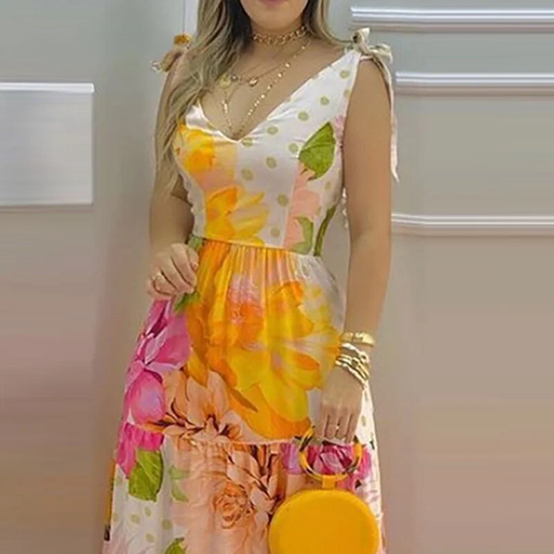 UForever21 Women Elegant Dress Floral Print Sleeveless V-Neck Maxi Dress Summer Vacation Dress 2023