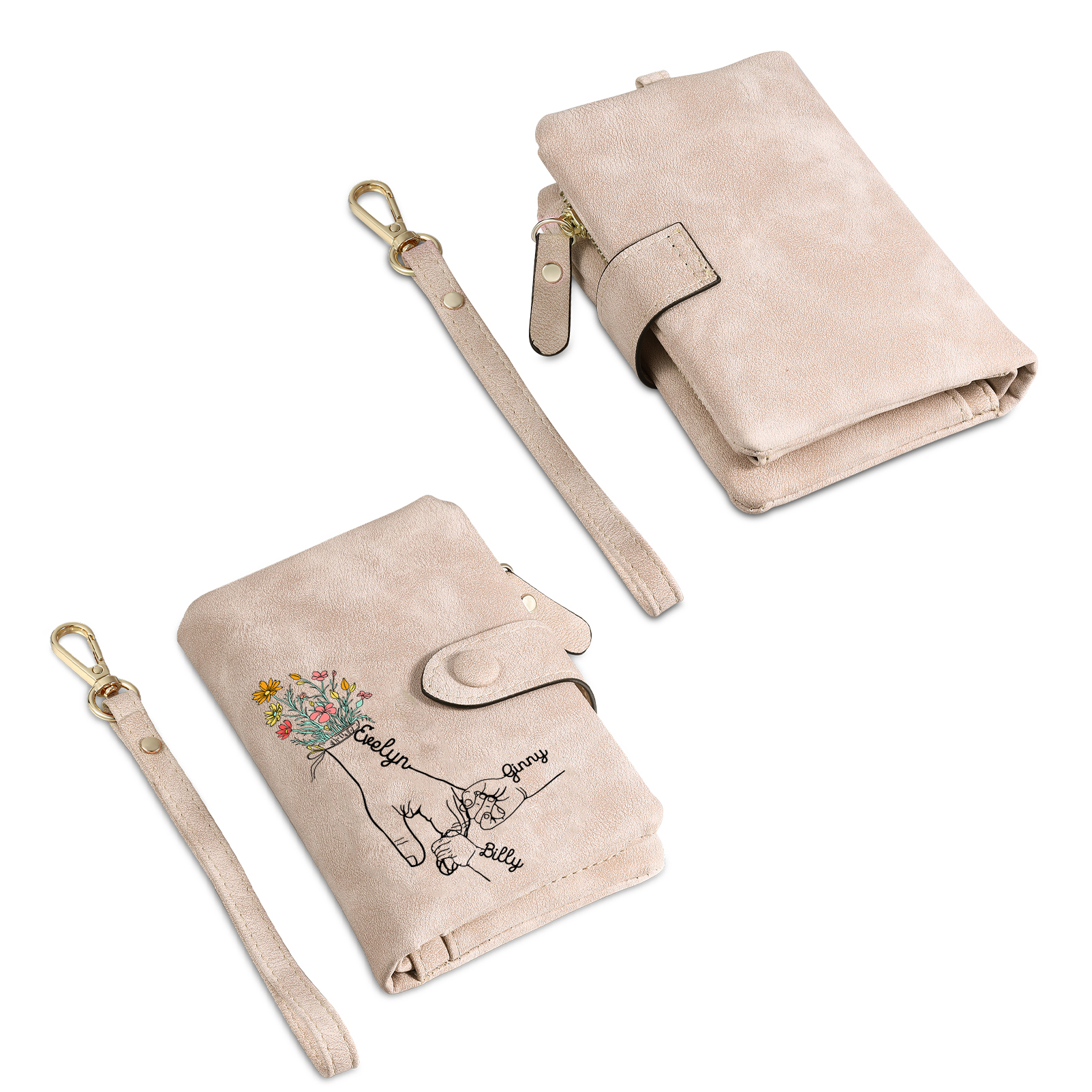 Portafoglio in PU pelle fiore mano con 3 nomi personalizzati per mamma/nonna
