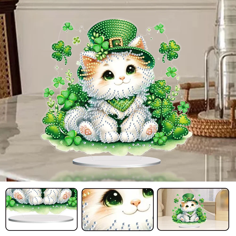 DIY St. Patricks Day Cat Diamond Painting Tabletop Ornaments Bedroom Table Decor