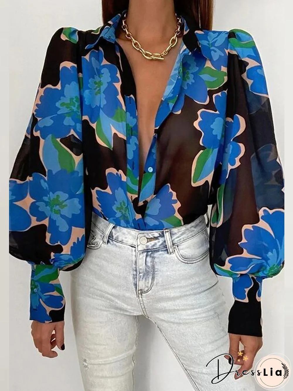 Fashion Lantern Sleeve Spring Summer Tops Blouses Casual Pattern Printed Single-breasted Blouse Women Elegant Lapel Office Shirt