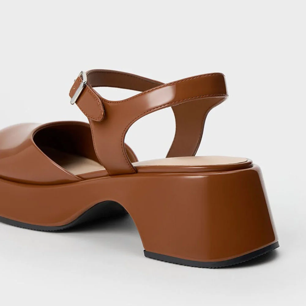 YDN Brown Round Toe Ankle Strap Chunky Heel Platform Sandals