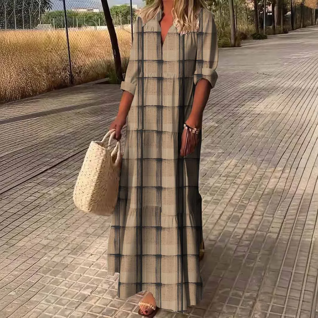 Women Plaid, Khaki DZDN0808 SPU Printed Long Sleeve V-neck Maxi Dress