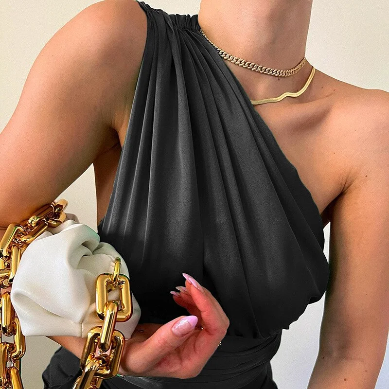 Forefair One Shoulder Crop Tops Women Satin Vert Chic Pleated Tank Tops Sexy Sleeveless Cropped Cami Vest Y2K Party Elegant