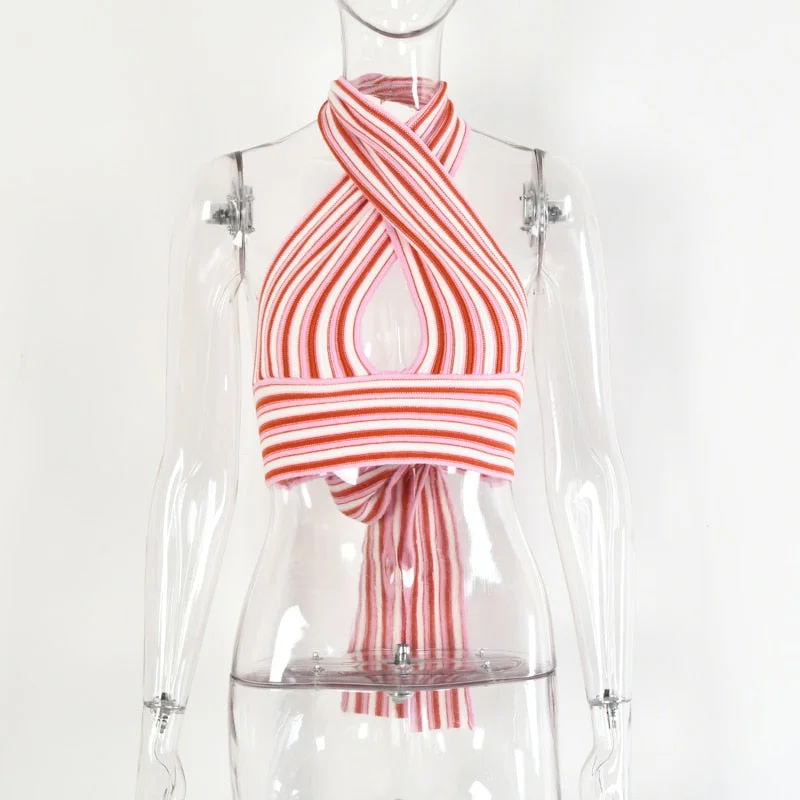 Tossy Knitted V Neck Bandage Halter Tops For Women Backless Sexy Tanks Tops Y2K Cropped Summer Fashion Camisole Party Clubwear