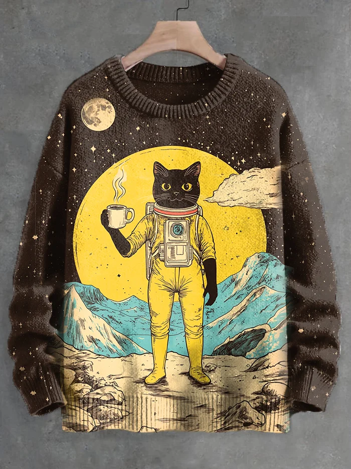 Men's Black Cat Astronaut Space Hero Art Print Knit Sweatshirt