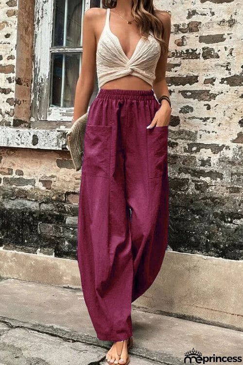 Resort Casual Elastic Waist Loose Trousers