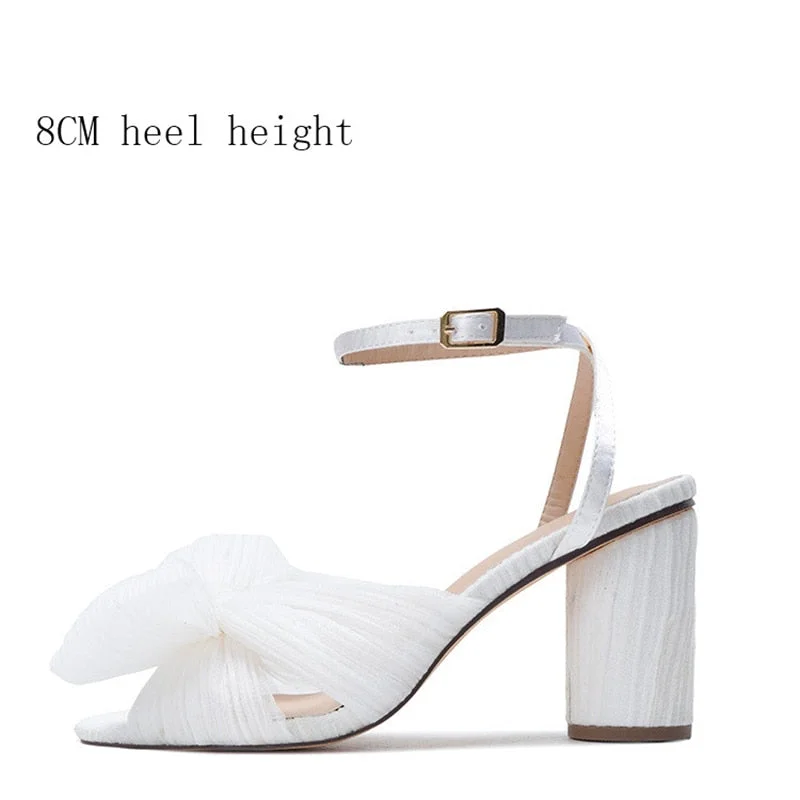 Women Sandals New Brand Summer Shoes Pleated Bow-Knot Round Heels Open Toe Dress Shoes Big Size Party Wedding Shoes
