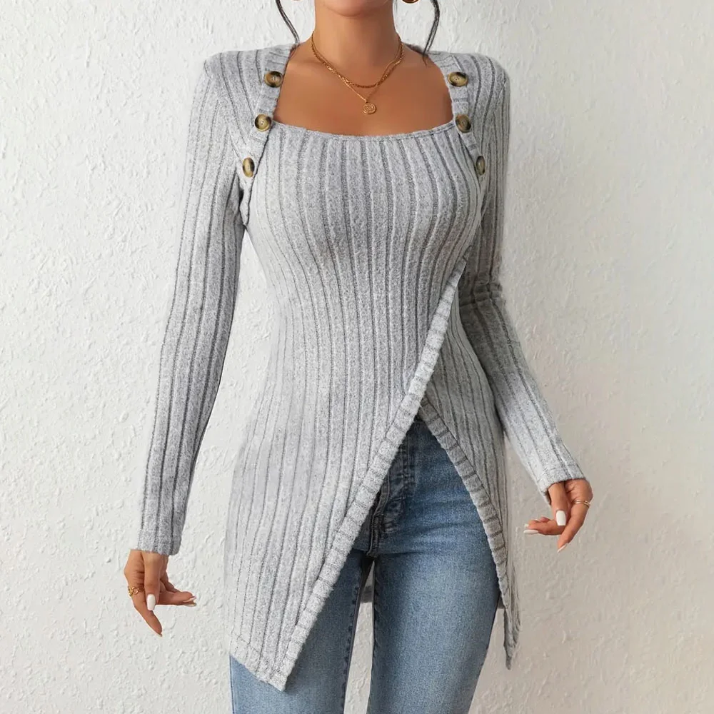 Smiledeer Autumn and winter women's button slit square neck sweater