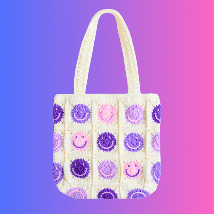 Lulusnow Handmade Purple Smiley Faces Crochet Tote Bag Shoulder Bag 