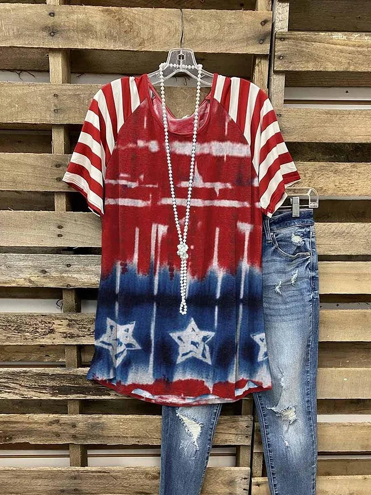 Women's American Flag Printed Neck Casual Shirts Top