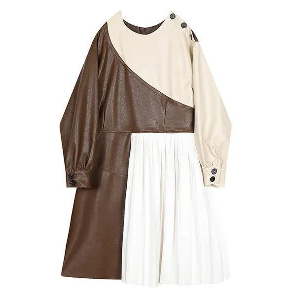 Patchwork Irregular Pleated Dress Women Style O Neck Collar Long Sleeve Button Personality Elegant