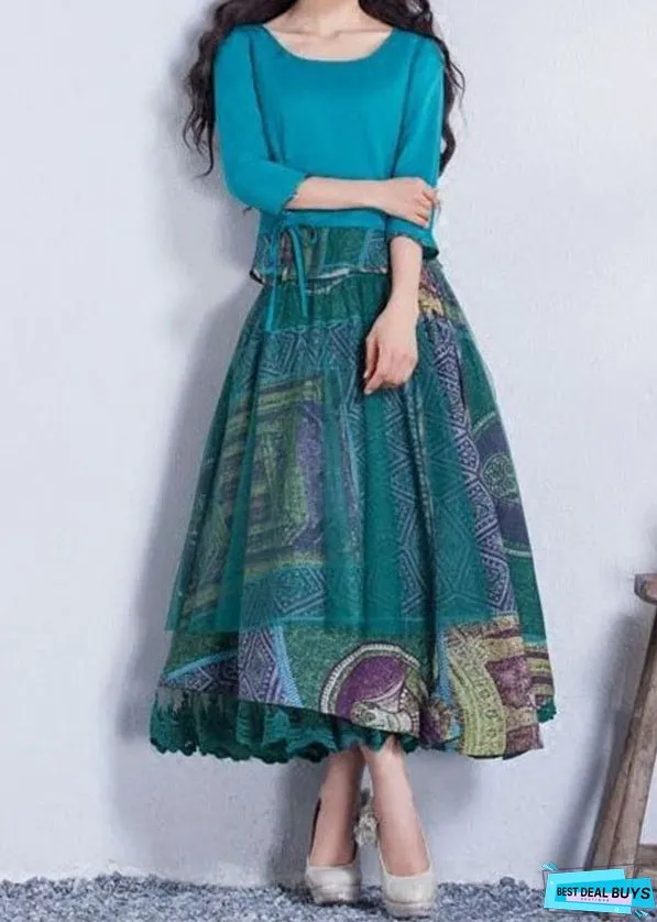 Stylish Blue Print Wrinkled Lace Patchwork Chiffon Skirt Summer