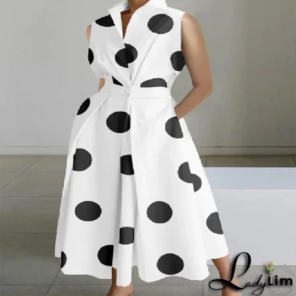 Summer Career Fashion Polka Dot V Neck Ladies Button Mermaid Dress