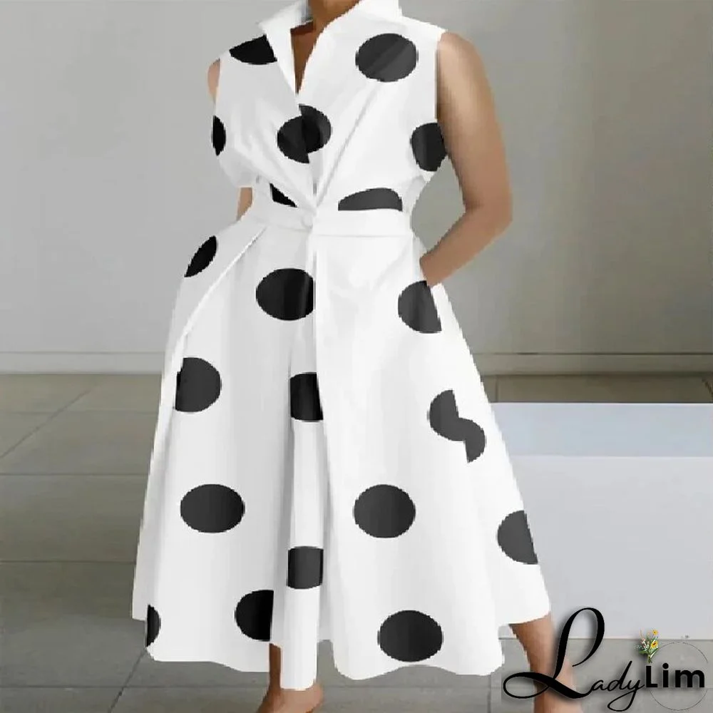 Summer Career Fashion Polka Dot V Neck Ladies Button Mermaid Dress