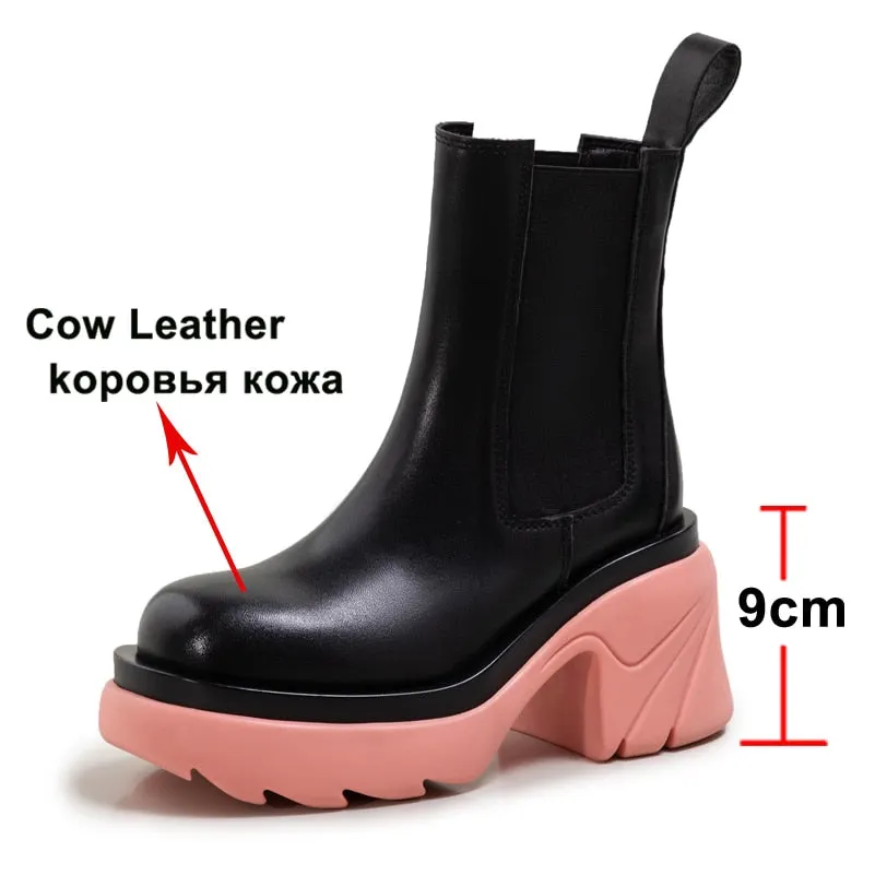 Meotina INS Genuine Leather Ankle Boots Shoes Women Platform Super High Thick Heel Boot Slip On Round Toe Lady Short Boots 42
