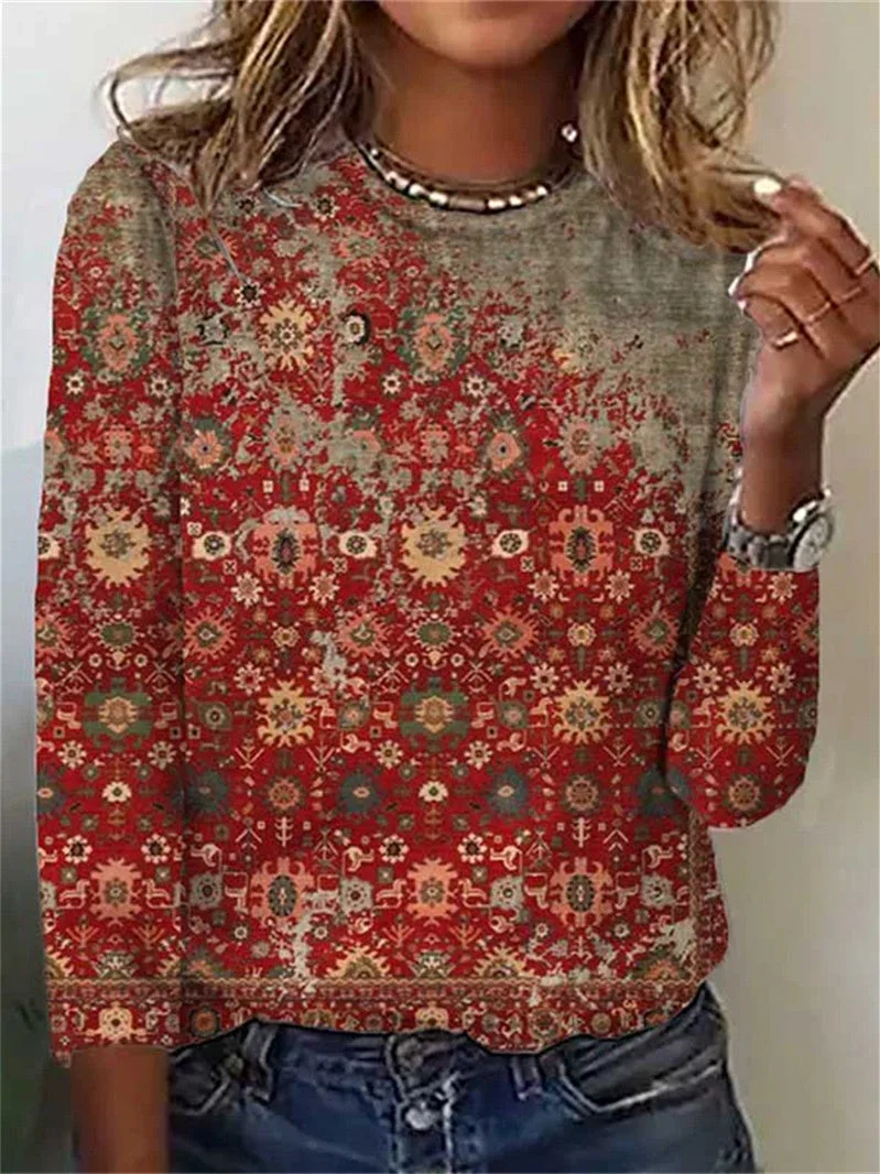 Women Long Sleeve Scoop Neck Colorblock Floral Printed Tops