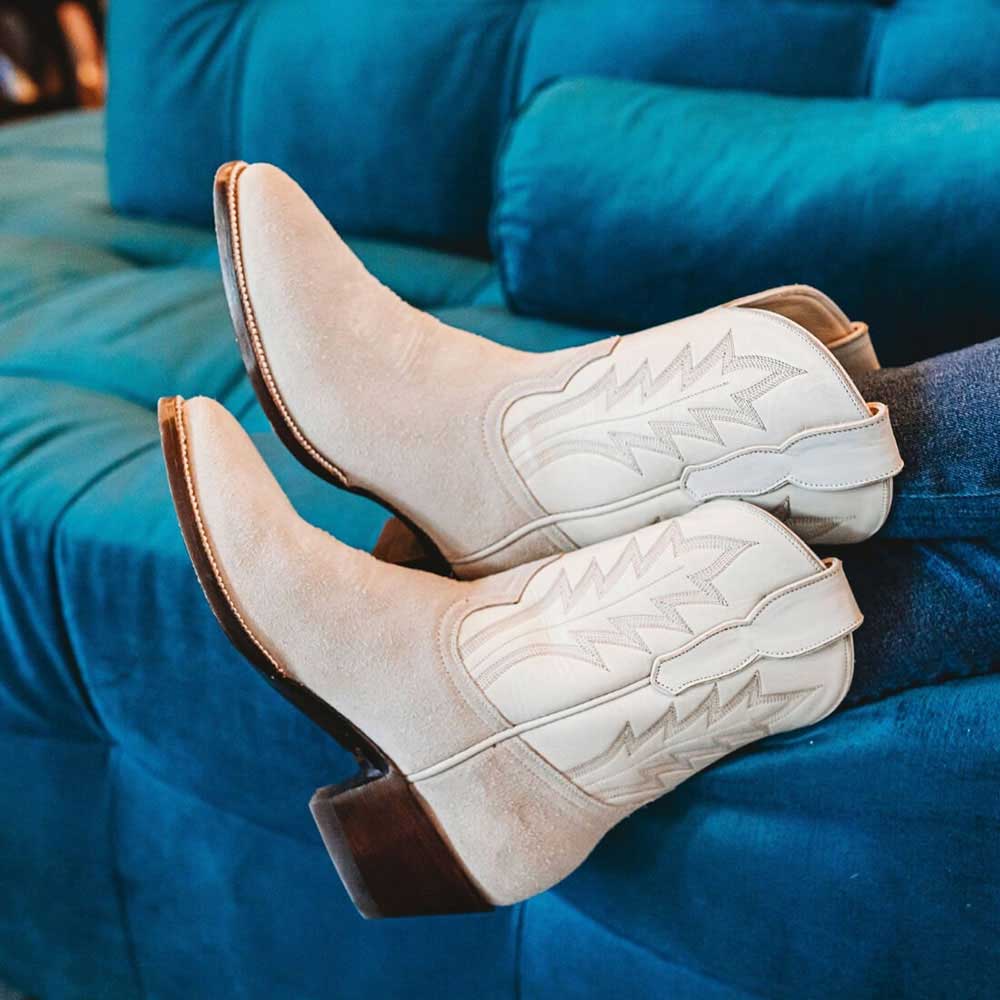 Beige & White Faux Suede Round Toe Chunky Heel Cowgirl Ankle Boots Nicepairs