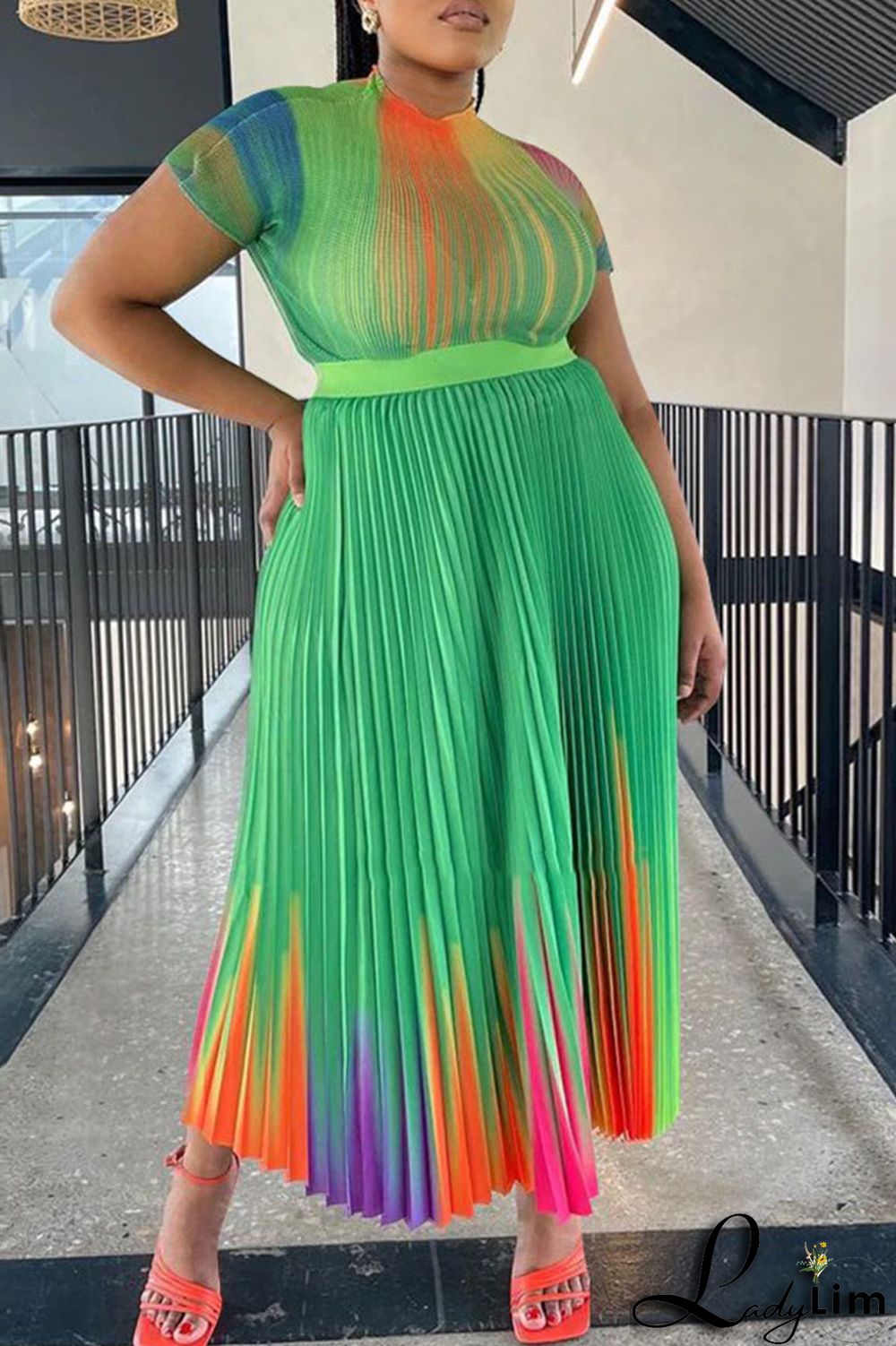 Apricot Casual Elegant Gradual Change Print Patchwork Fold O Neck Short Sleeve Two Pieces