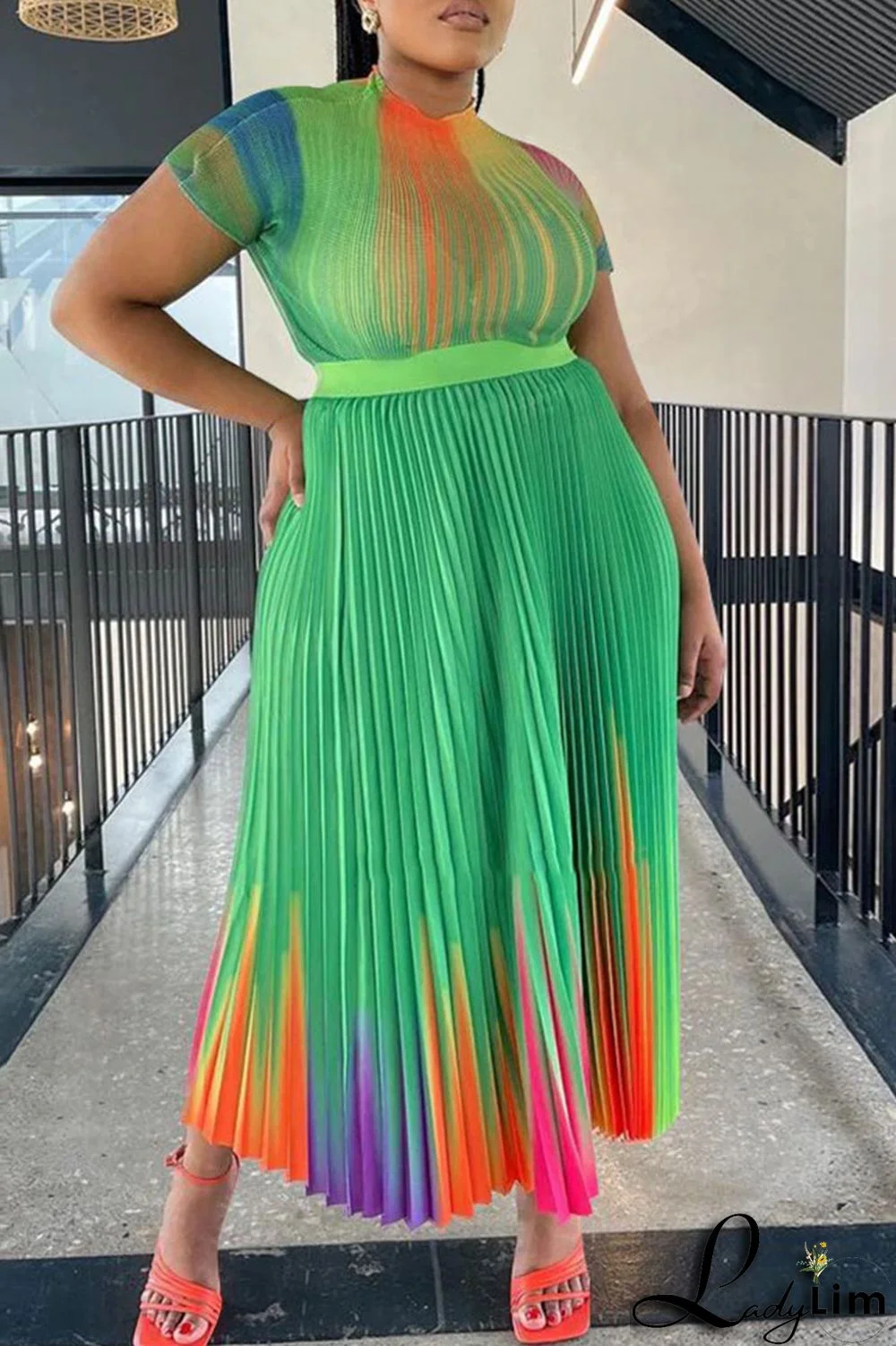 Apricot Casual Elegant Gradual Change Print Patchwork Fold O Neck Short Sleeve Two Pieces