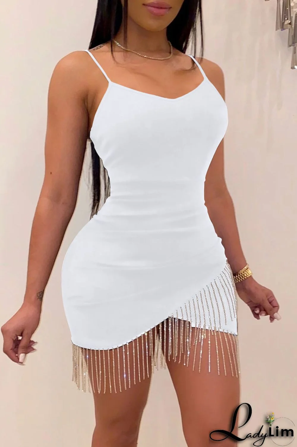 Black Fashion Sexy Solid Tassel Patchwork Backless Spaghetti Strap Sleeveless Dress Dresses