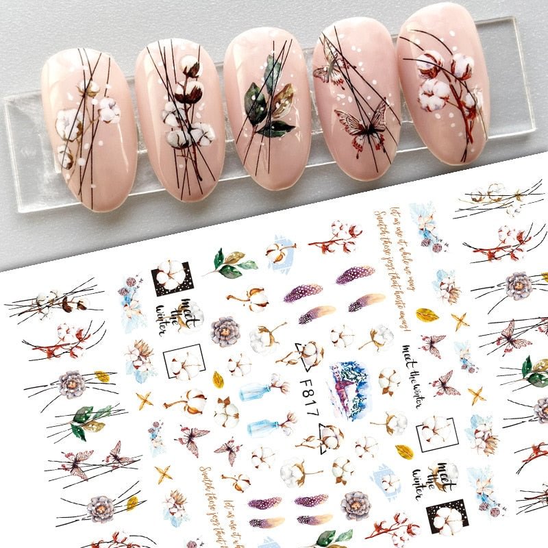 1pc Winter Designs Cotton Holo Butterfly Leaves With Lines 3D Nail Stickers Spring Flower Transfer Sliders Art Decals Decoratoin
