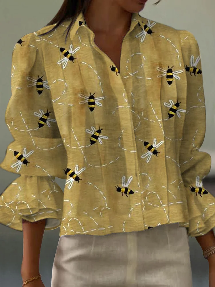 Women's  Funny Bee Art Print Casual Short Sleeve Cotton And Linen Shirt