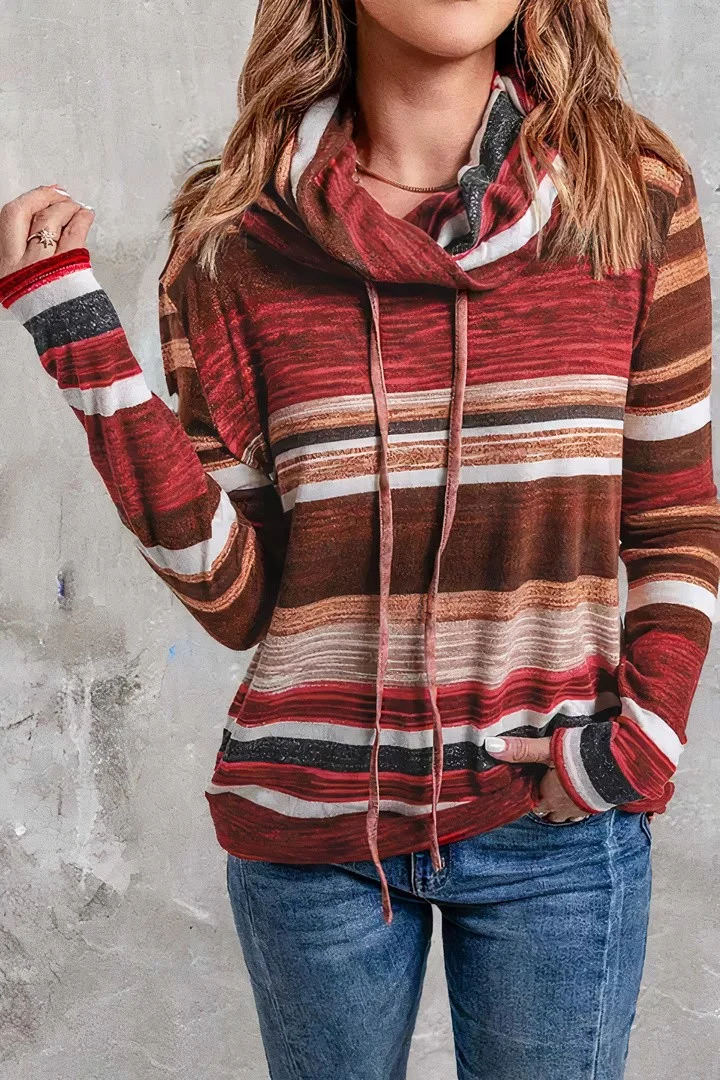 Striped Drawstring Cowl Neck Sweatshirt