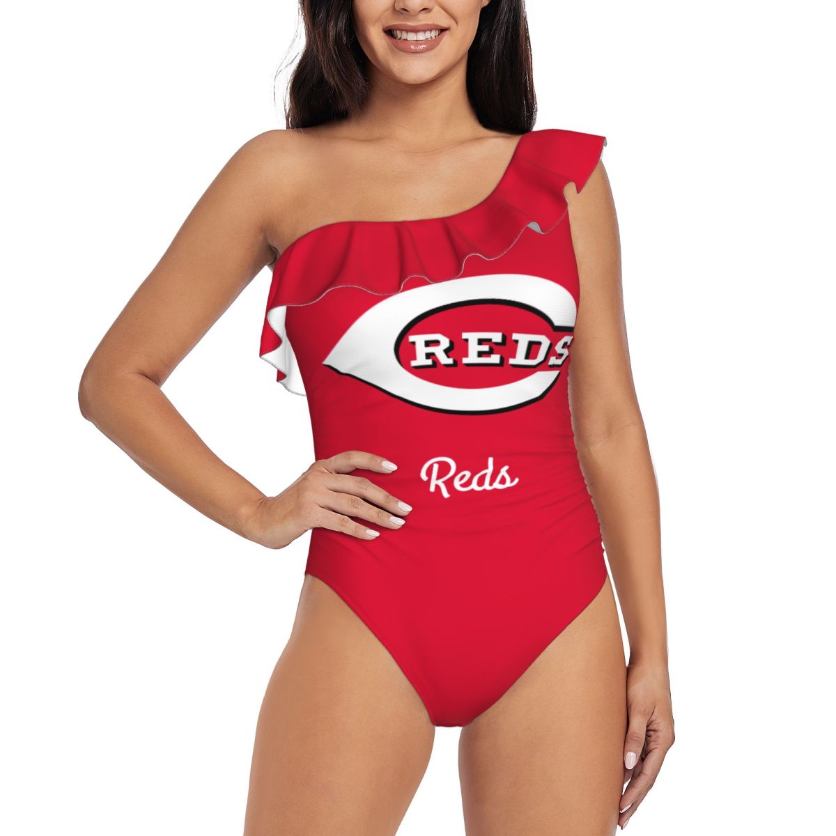 Cincinnati Reds One Shoulder Ruffle Bathing Suit