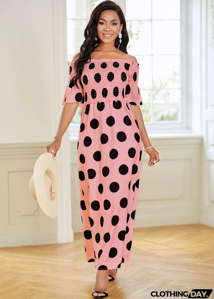 Shirred Polka Dot Off Shoulder Dress