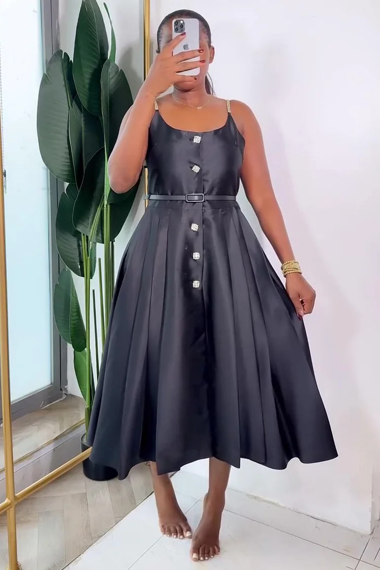 Diamante Strap Button Up Pleated Party Cami Midi Dresses-Black [Pre Order]