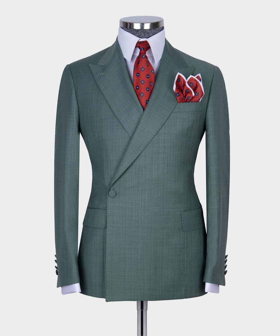 Men's light green single button double breasted 2pcs suit.