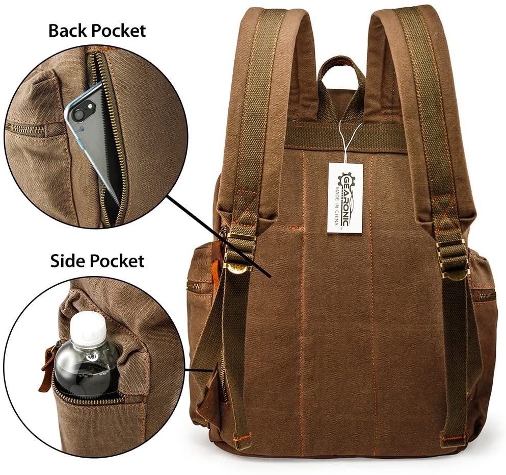 Vintage Canvas Backpack for Men Leather Rucksack Knapsack 15 inch Laptop Tote Satchel School Military Army Shoulder Rucksack Hiking Bag