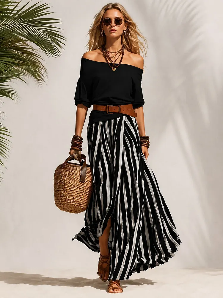 💦💃Nautical-style off-shoulder top and chiffon side-slit skirt set