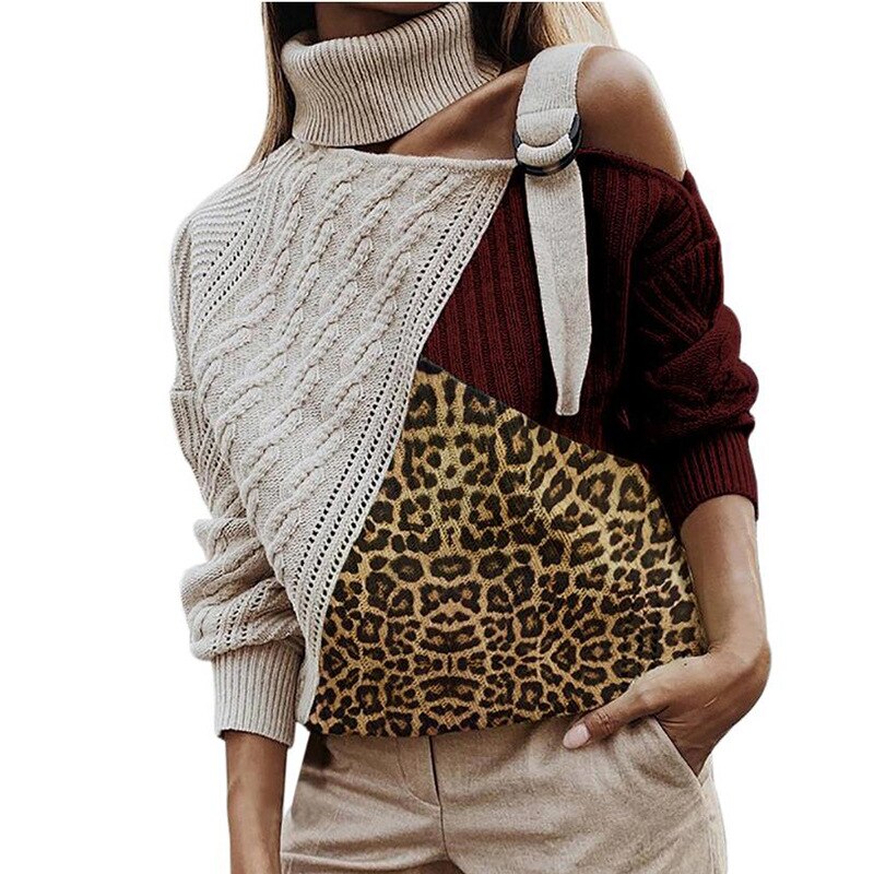 Leopard Turtleneck Sexy Off Shoulder Knitted Sweaters Women Long Sleeve Ribbed Pullover Oversized Fall Winter Jumper Plus Size