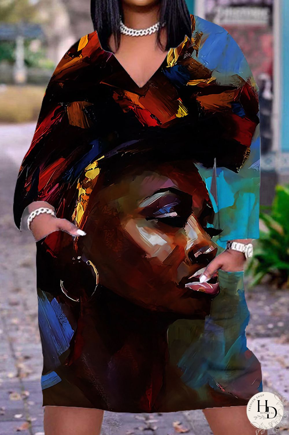 Black Orange Fashion Casual Print Patchwork V Neck Long Sleeve Dresses