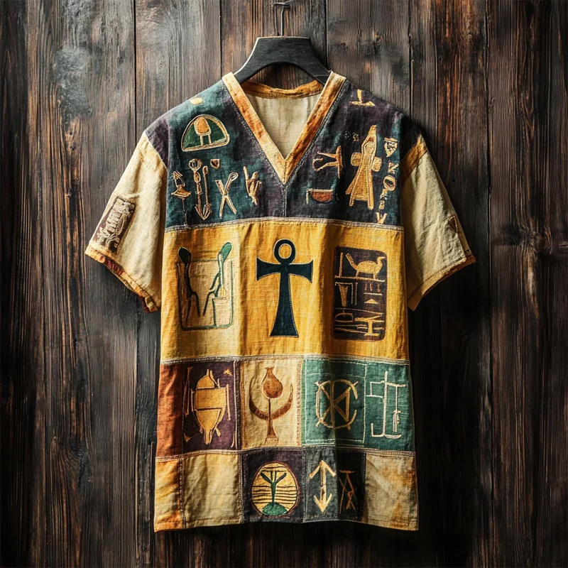 Ancient  Egyptian Ankh Embroidered Linen T Shirt
