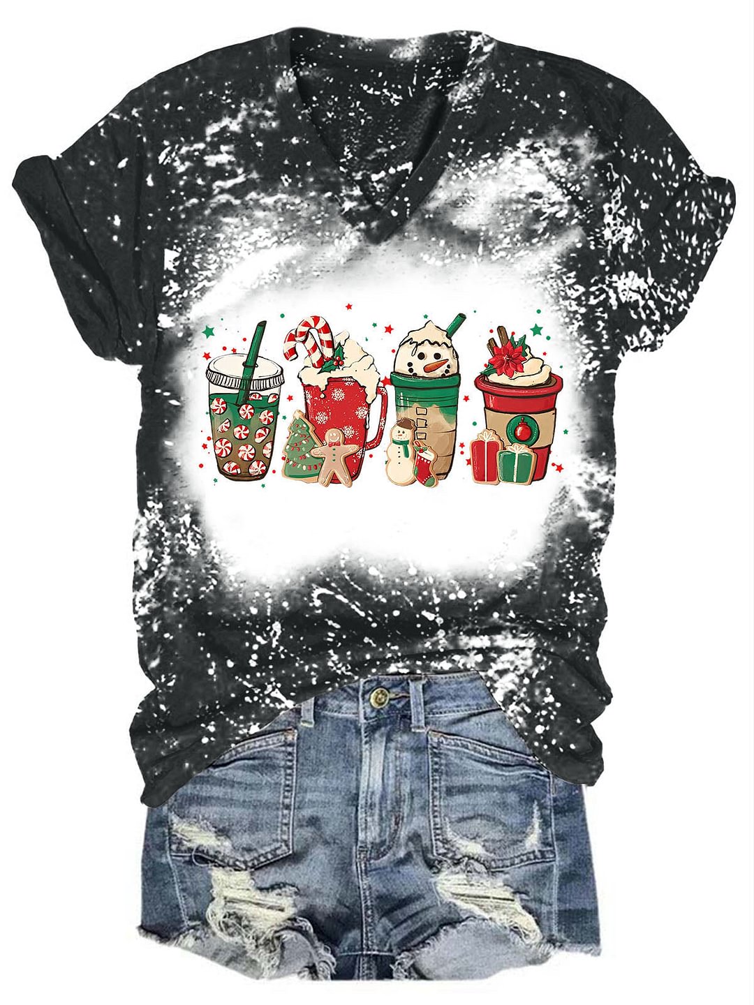 Women Merry Christmas Coffee Snowman Print T-shirt