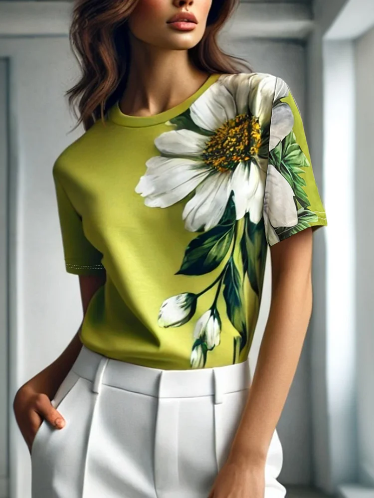 Women's Floral Print T-Shirt - Lime Green & White Floral Blouse, Breathable Everyday & Vacation Outfits For Spring/Summer Casual Formal Events, Ladies T Shirts, Detailed Fabric Top, Spring Fashion, Round Neck, Machine Washable, Print Blouse
